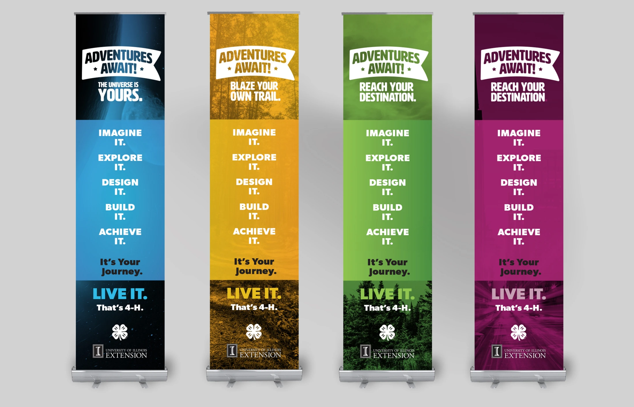 Four roll up banners with different colors.