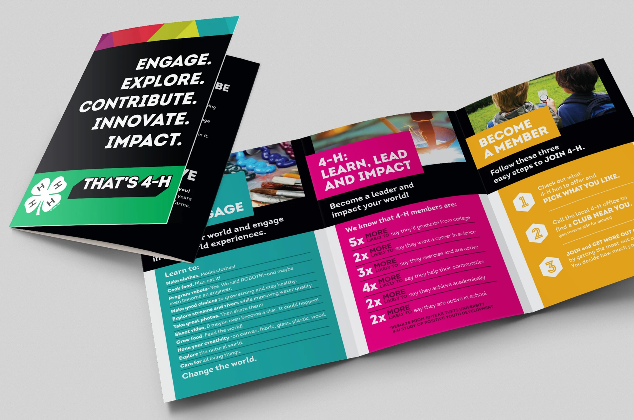 A tri fold brochure with the words engage, innovate, and impact.
