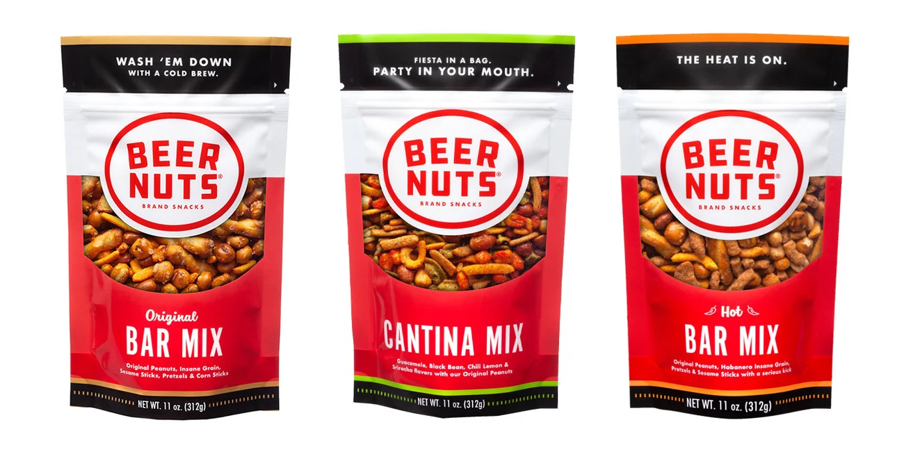 Three packages of Beer Nuts on a white background.