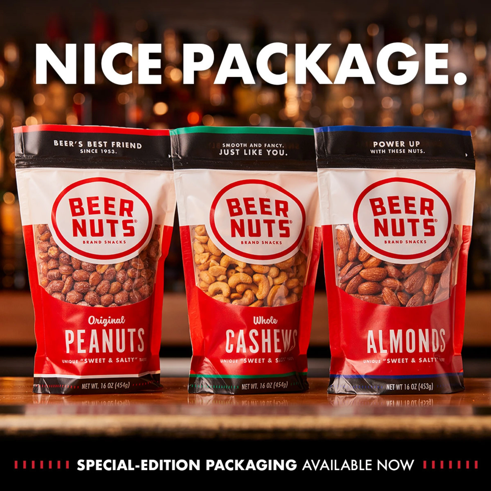 A photo of 3 Beer Nuts packages on a bar with a caption that says Nice Package.