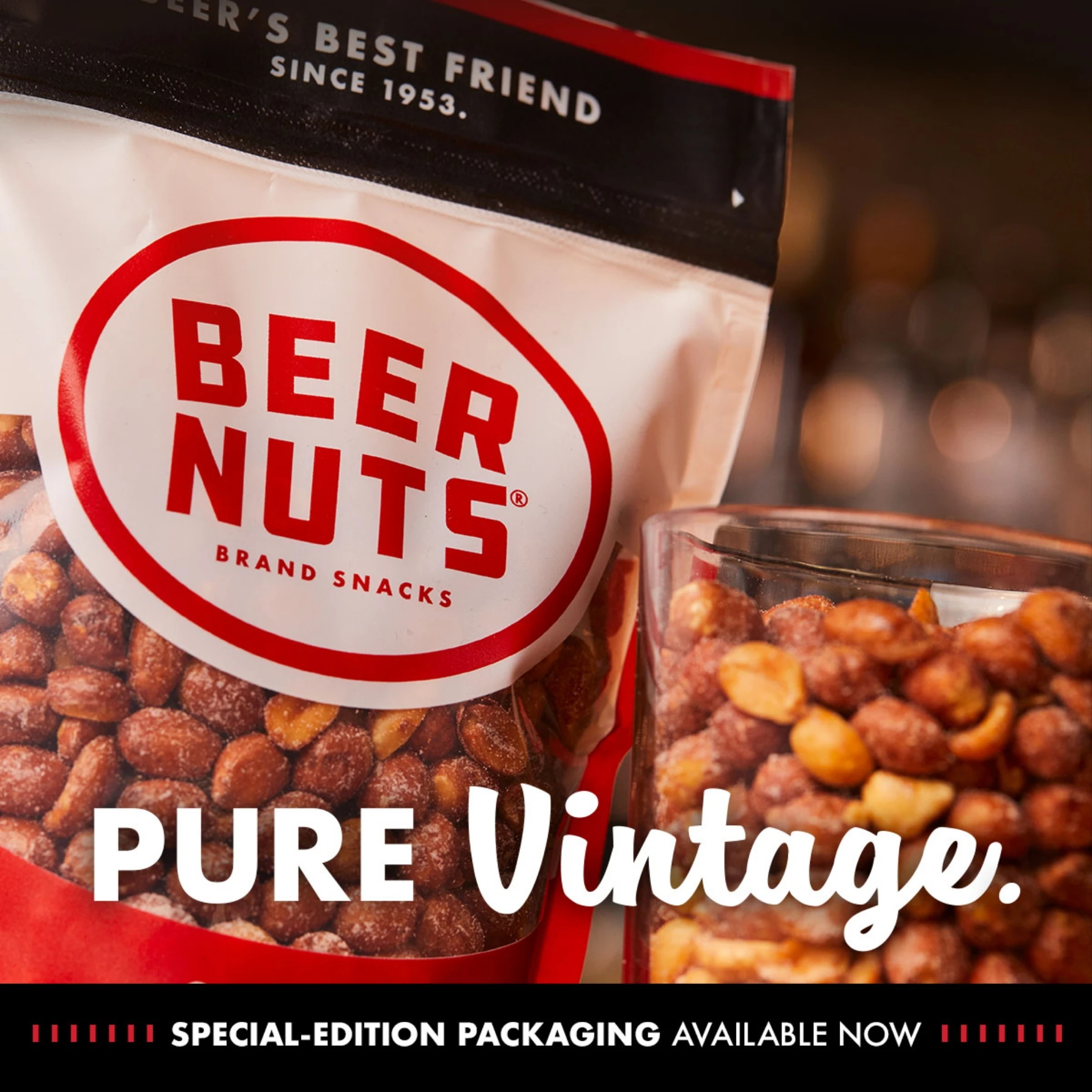 A photo of a closeup of Beer Nuts product with the caption Pure Vintage.