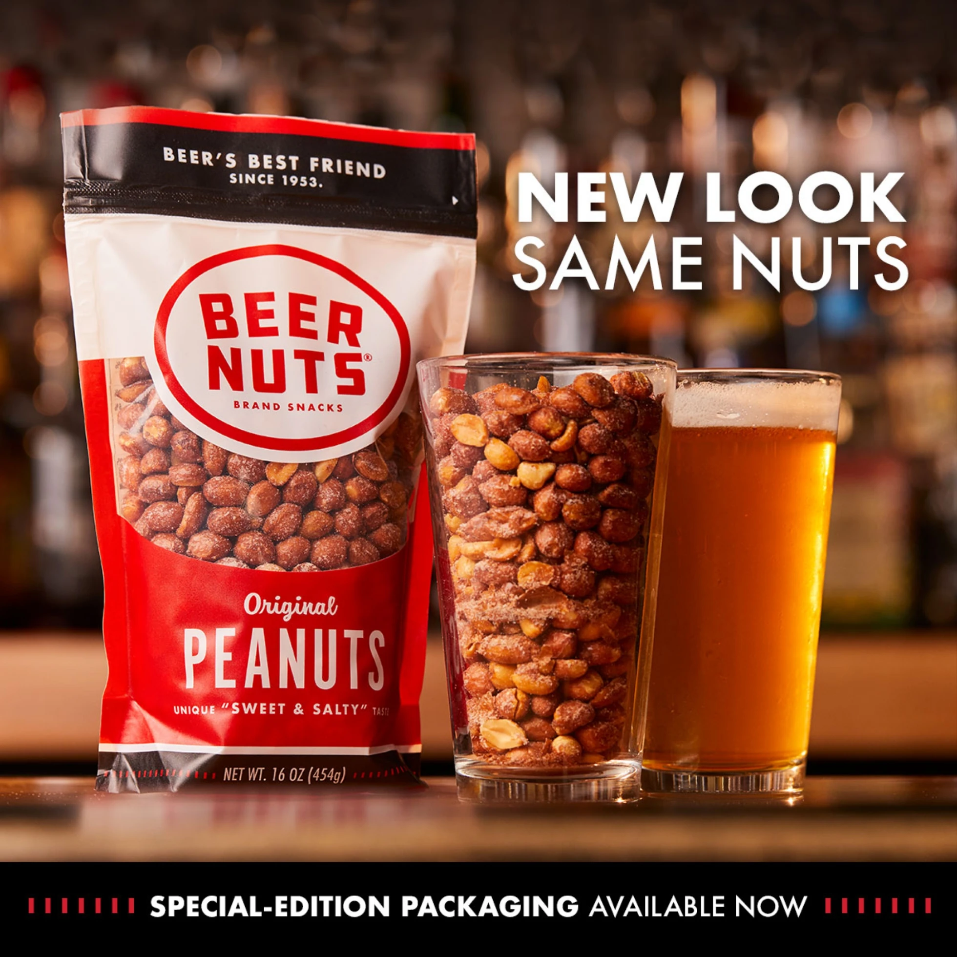 A photo of beer nuts on a bar with the caption Same Nuts - New Look.