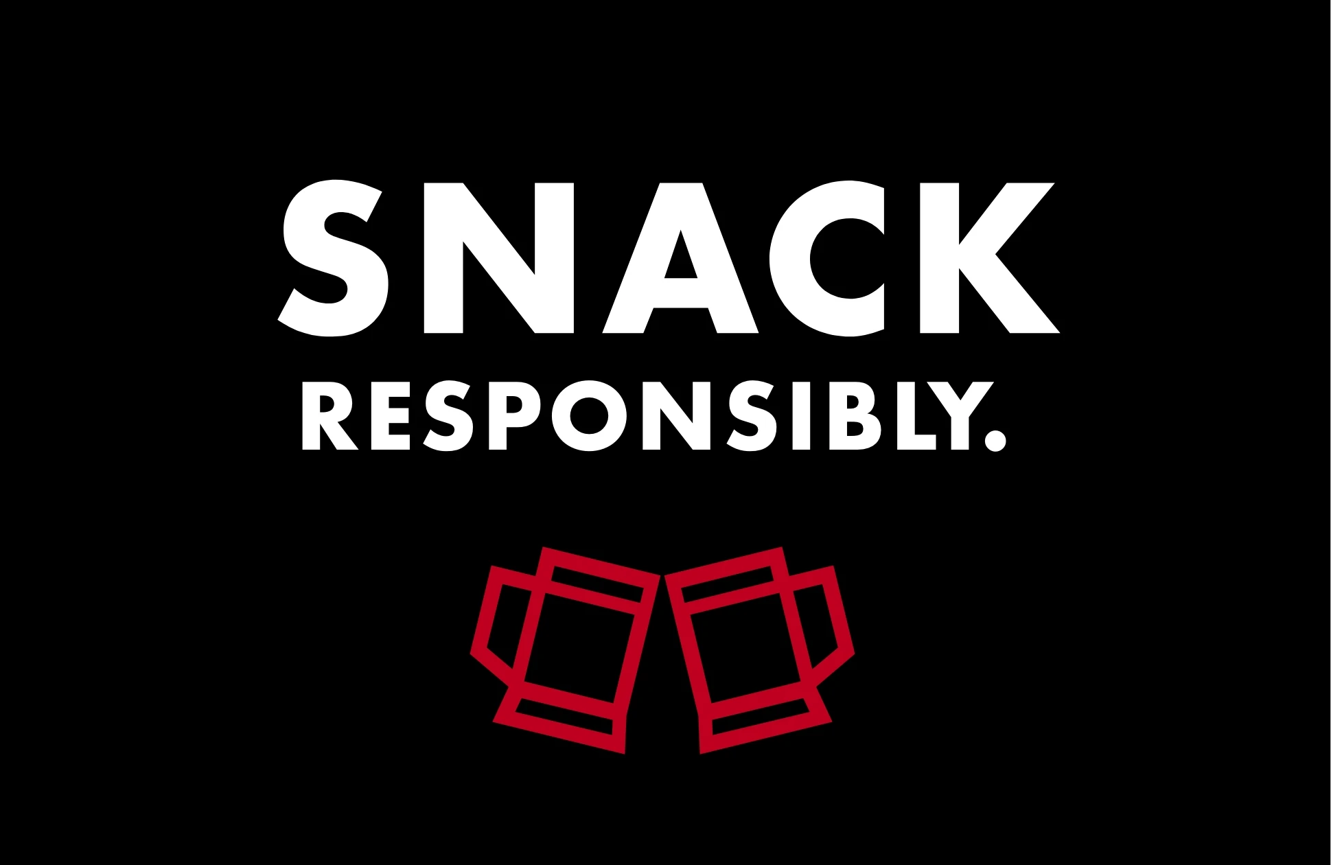An icon of some beer mugs clinking with the words Snack Responsibly on a black background.
