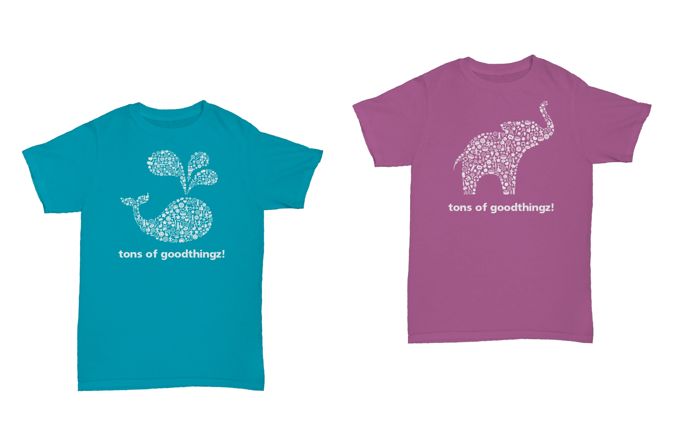 Two t - shirts with an elephant and a whale.
