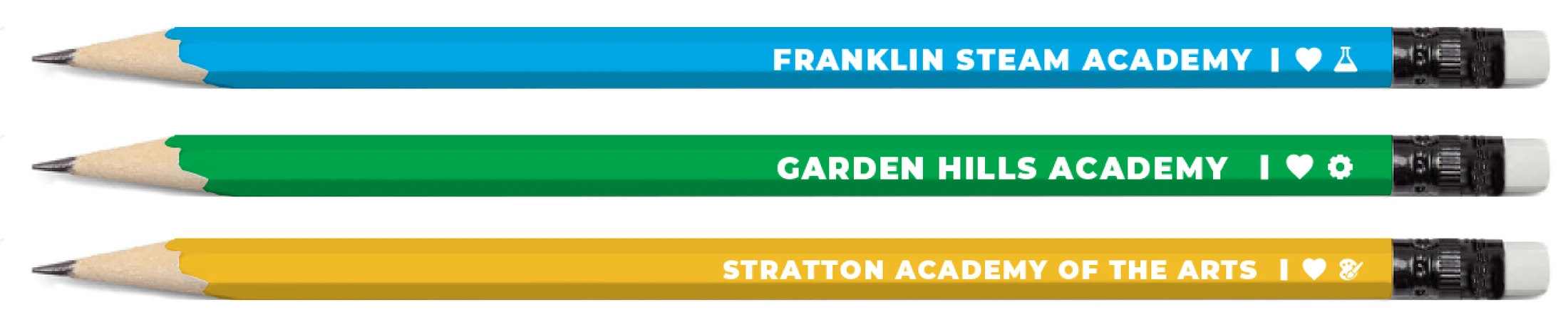 Four colored pencils with the words garden hall academy.