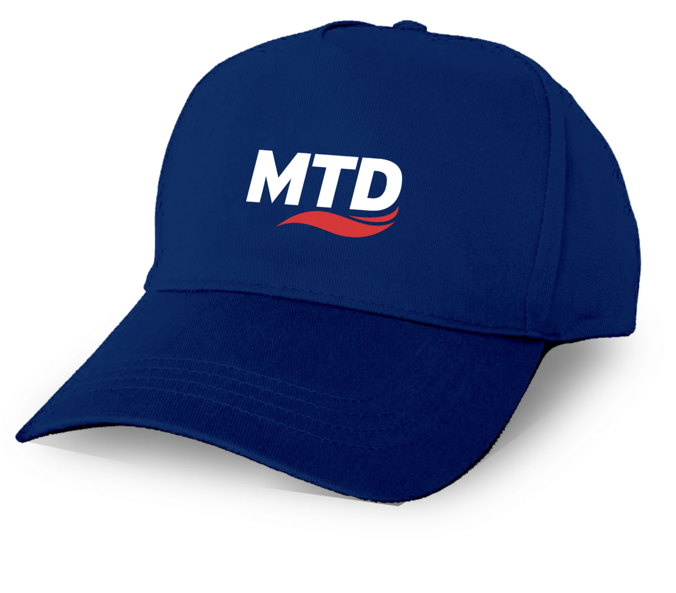 A blue hat with the word mtd on it.