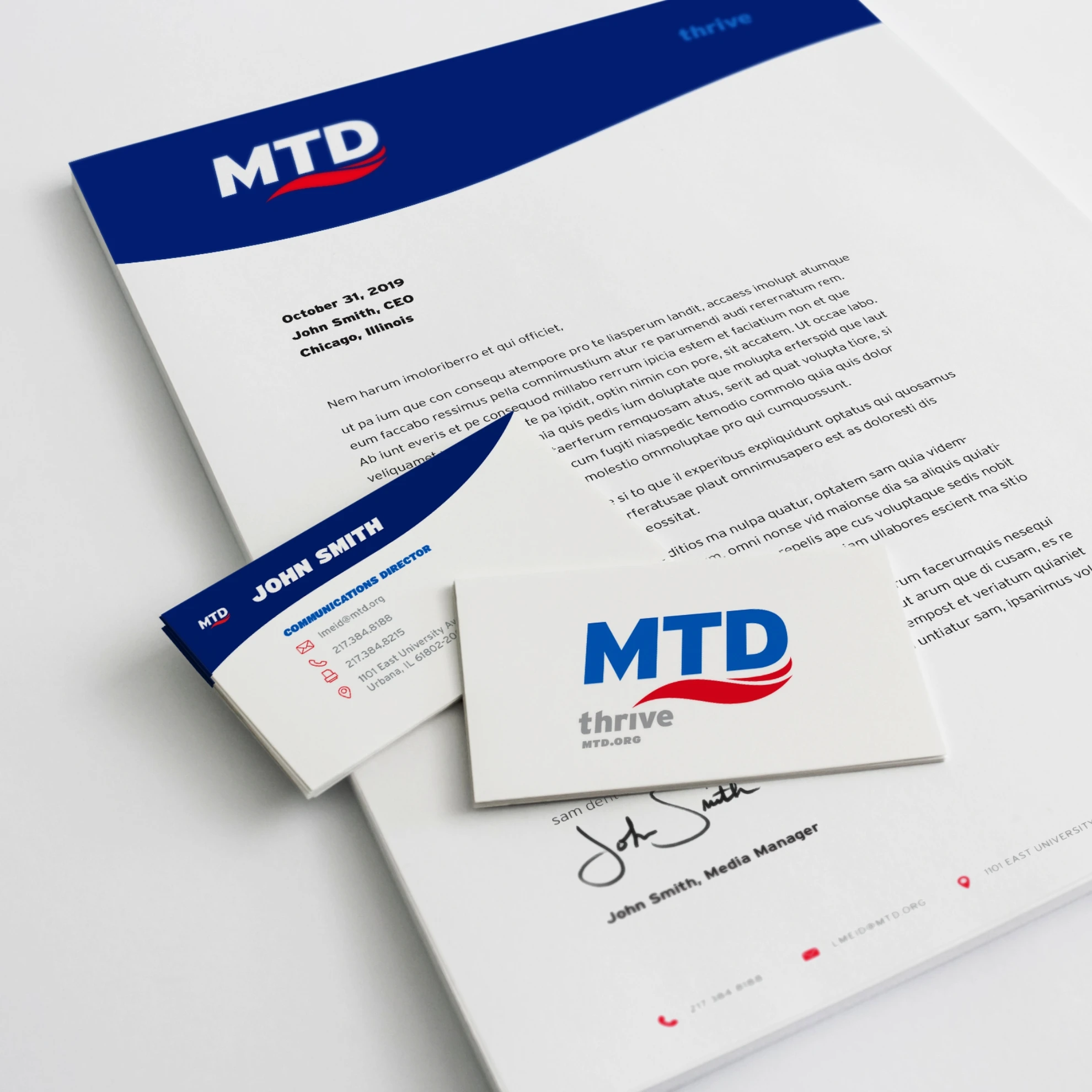 A business card and letterhead for mtd.
