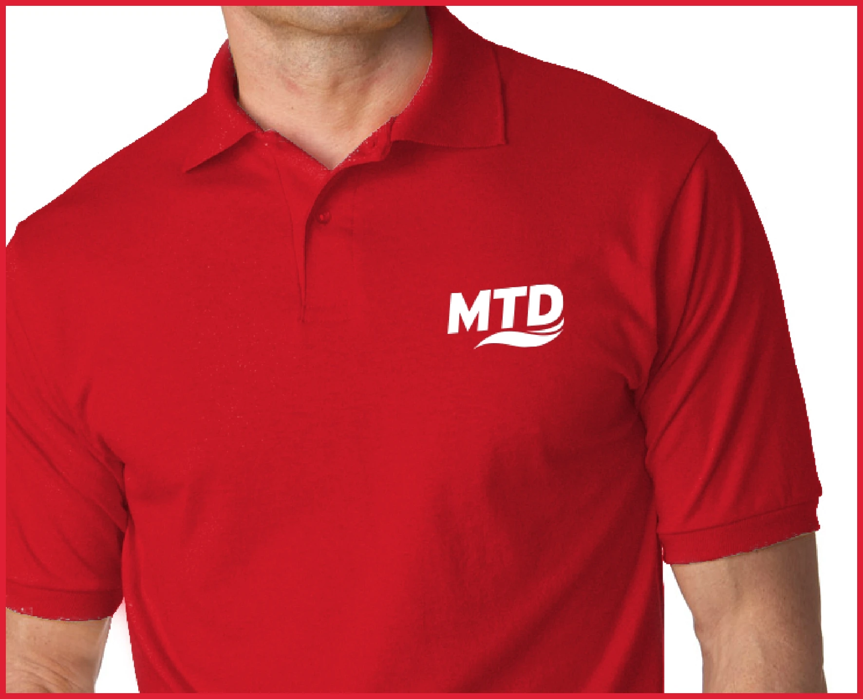 A man wearing a red polo shirt with the word mtd on it.
