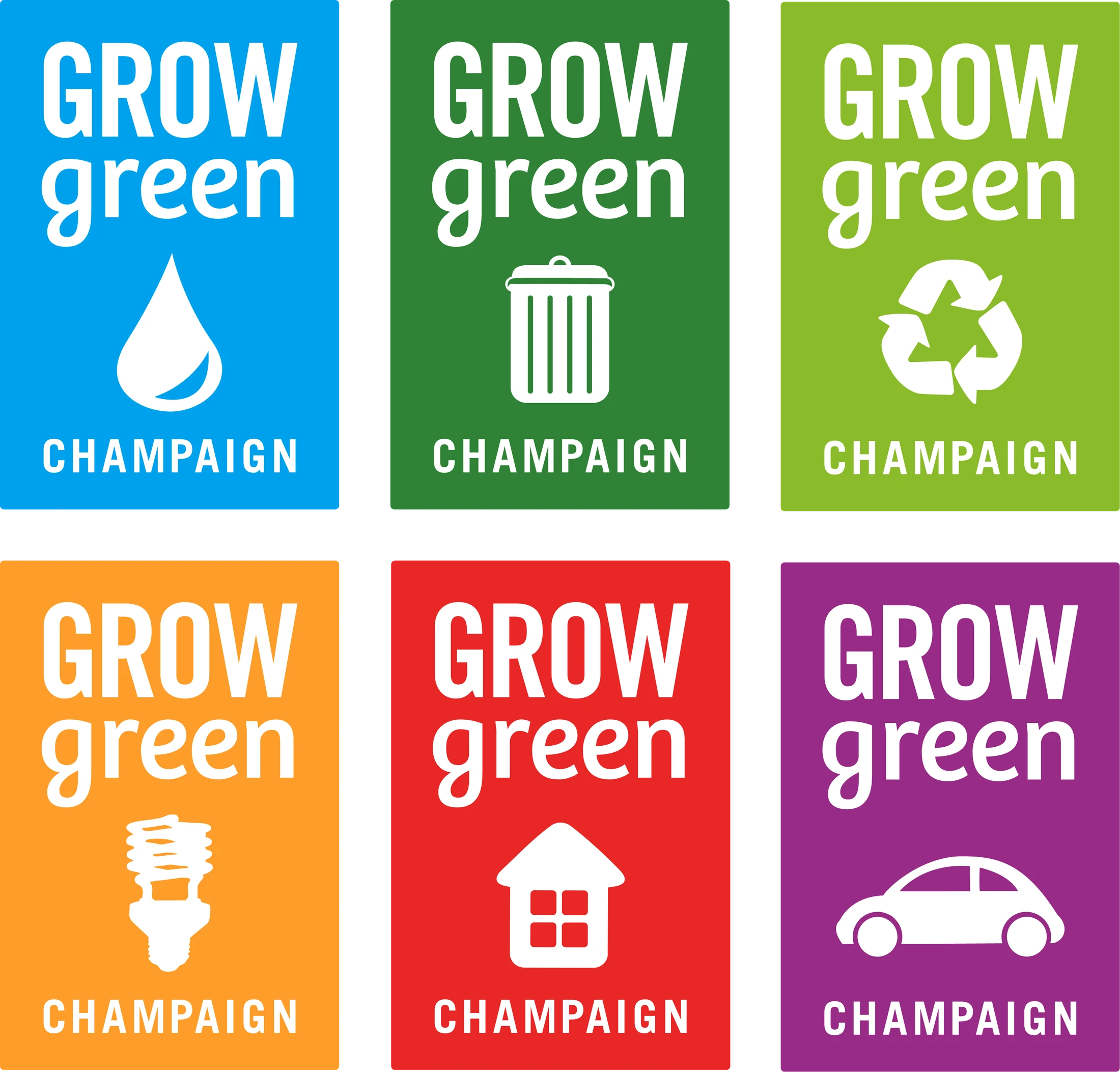 A set of stickers with the words grow green champion.