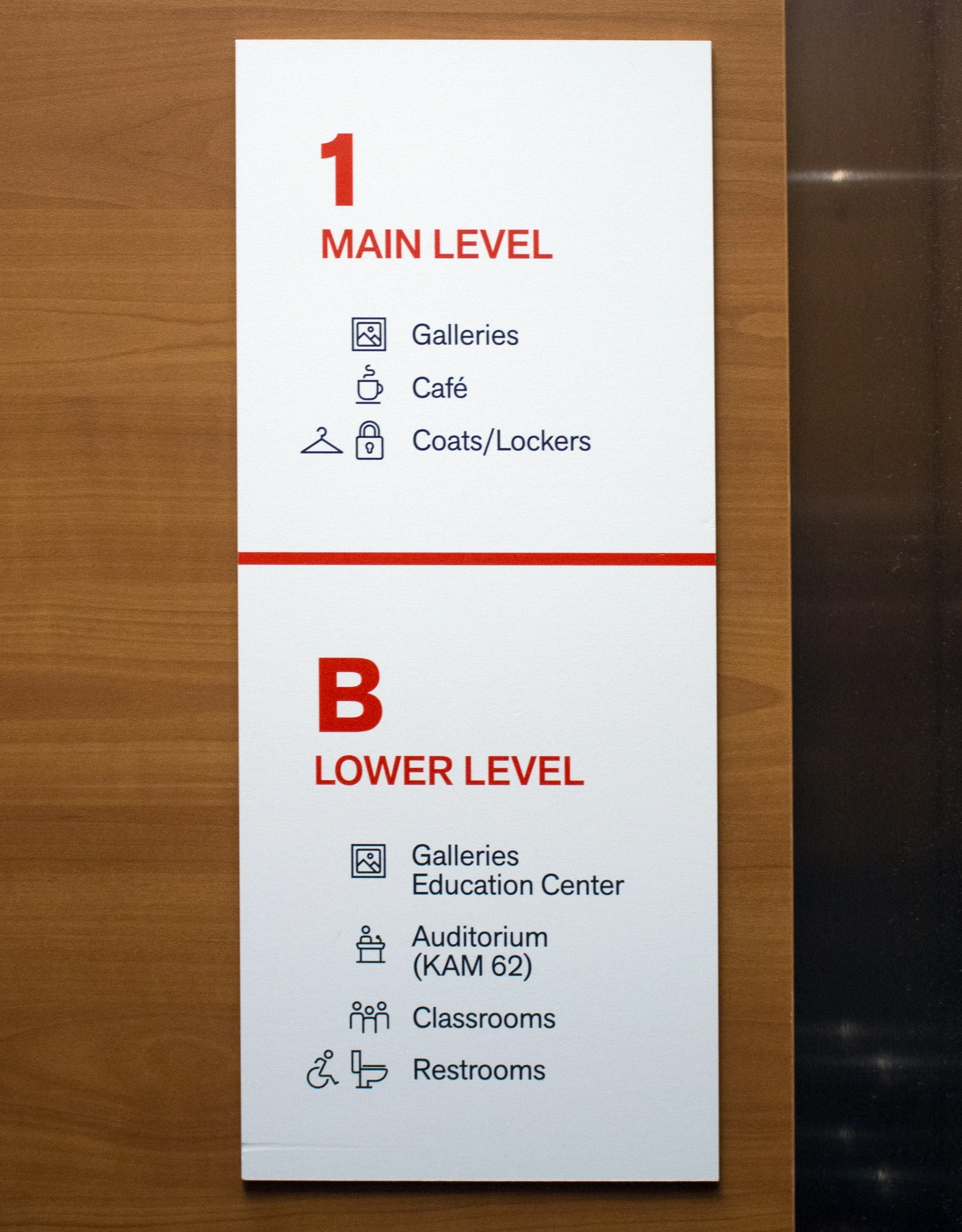 A sign showing the main level and lower level of an elevator.