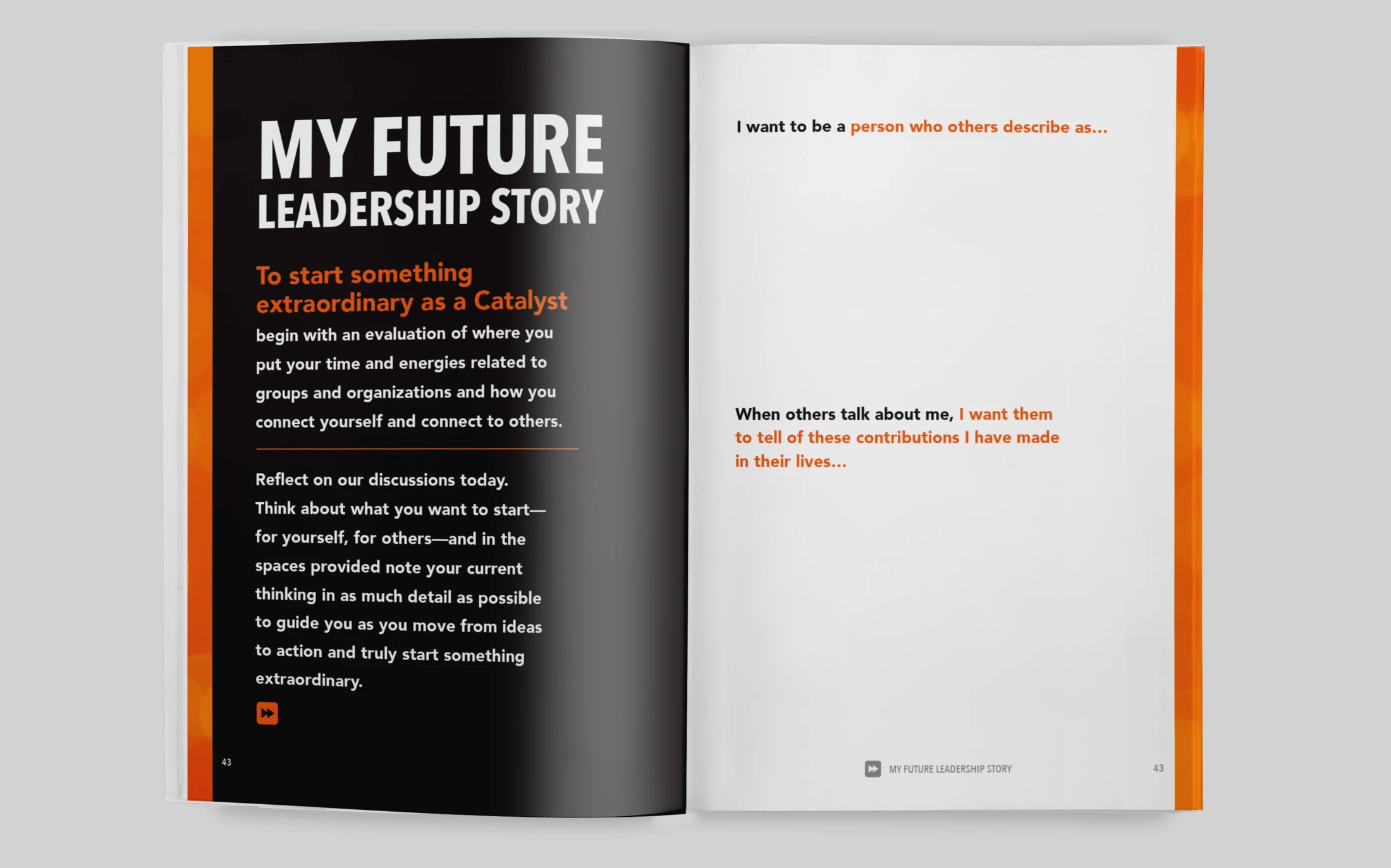 An open book with the words'my future leadership story'.
