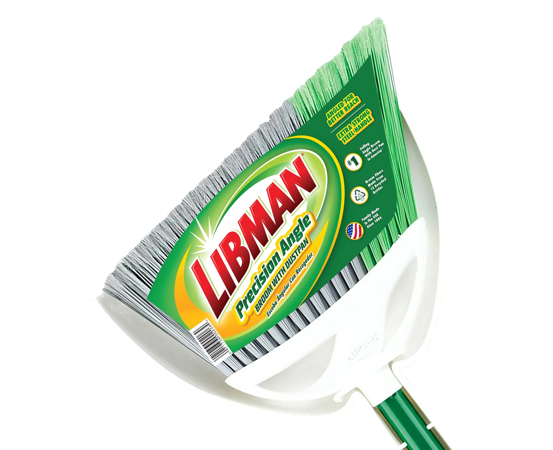 A green and white broom with a handle.