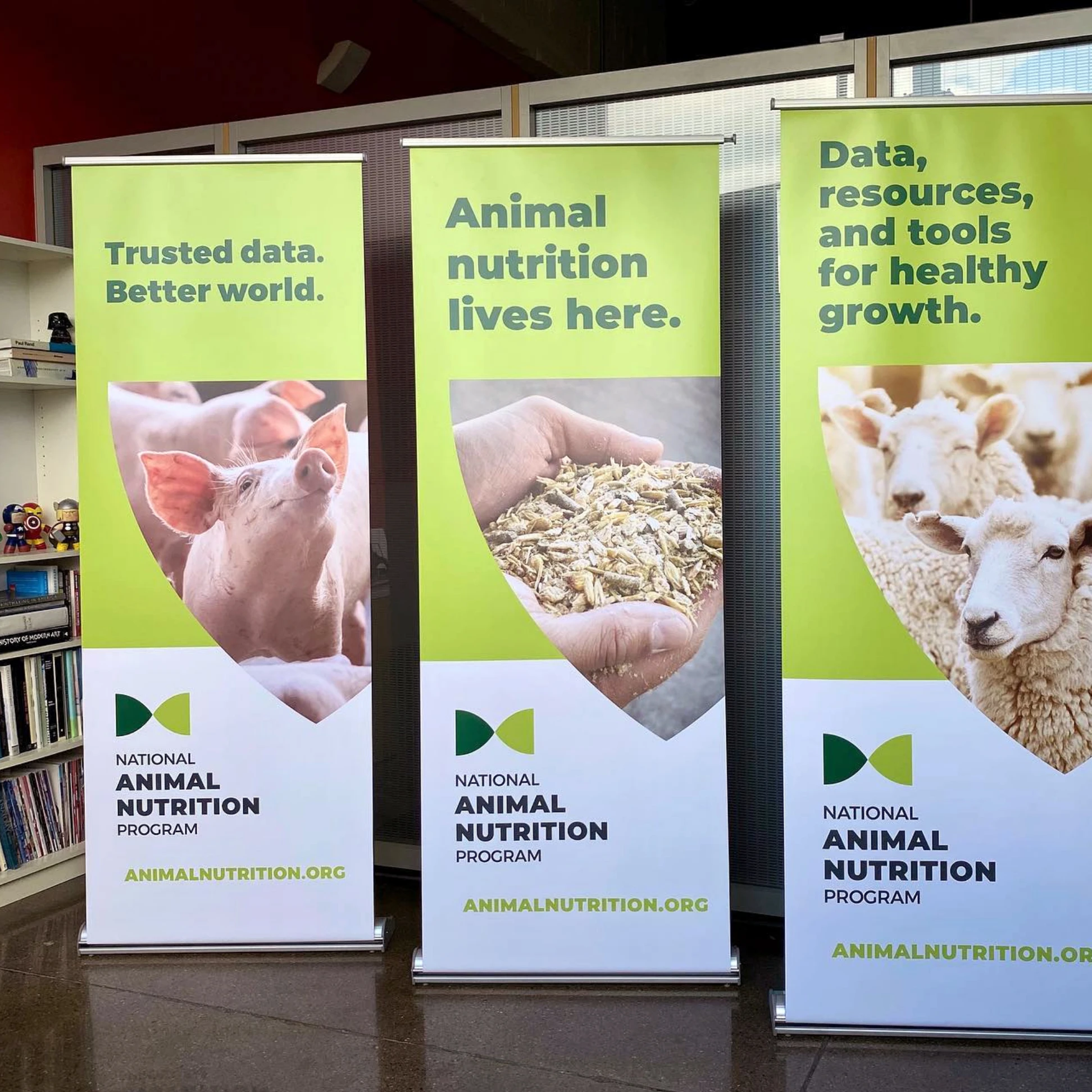 Three roll up banners are displayed in a room.