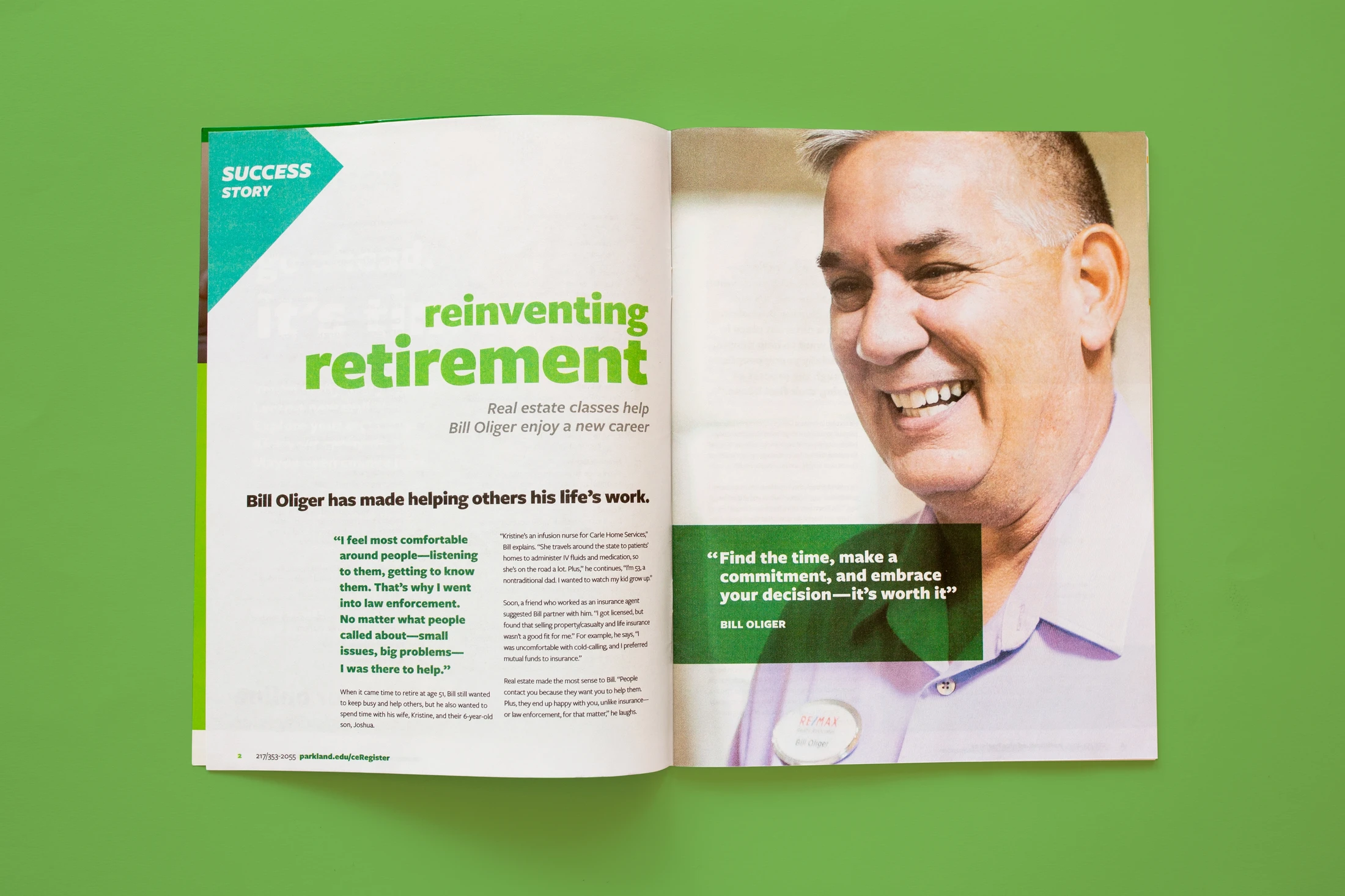 A magazine with an image of a man smiling on a green background.