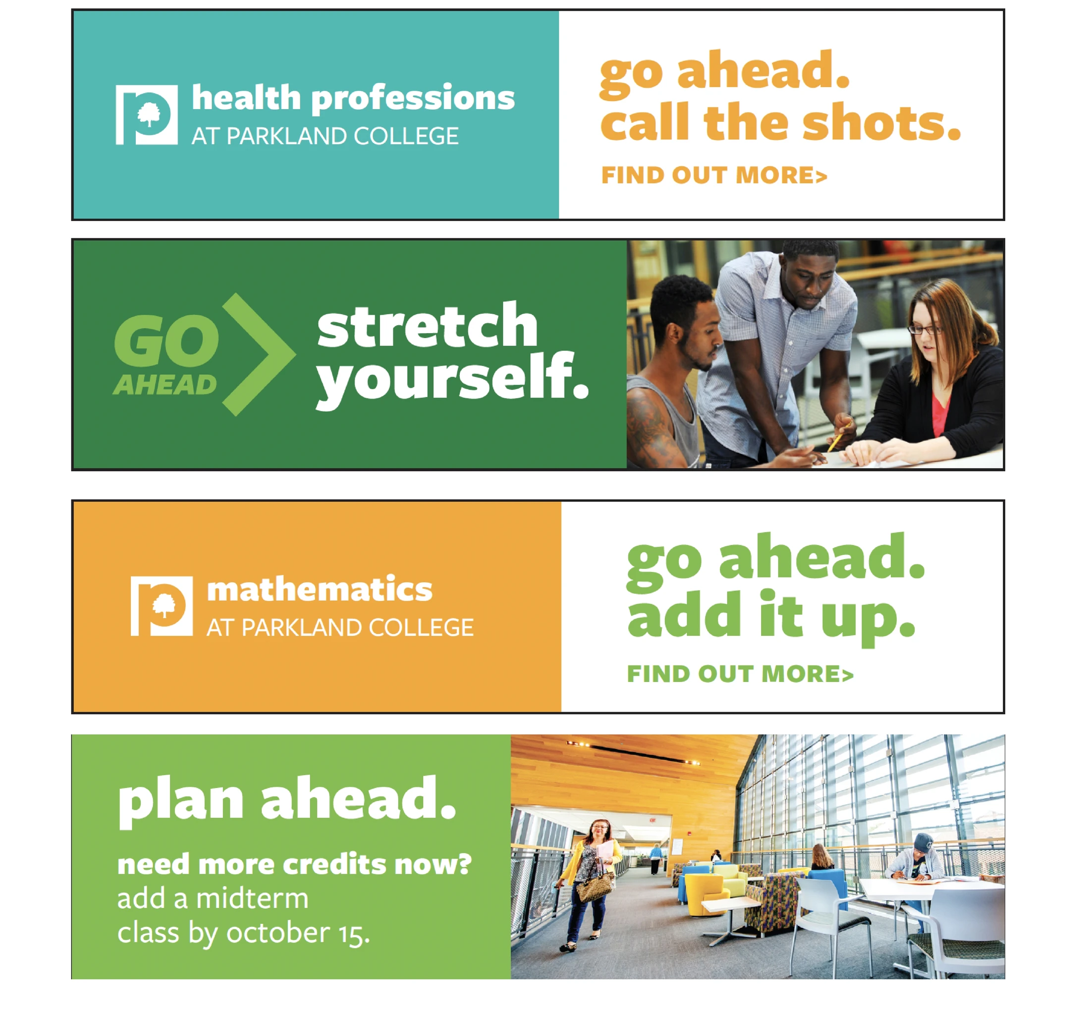Four banners with the words, go health professionals, stretch yourself, and stretch yourself.