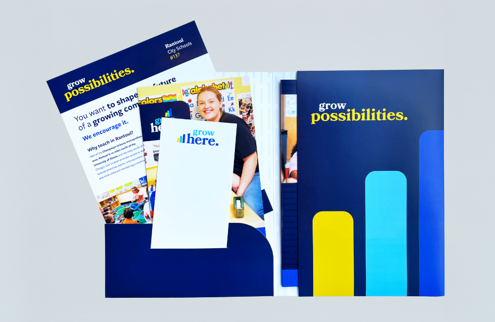 A spread of portfolios branded with Rantoul City Schools colors and logos.