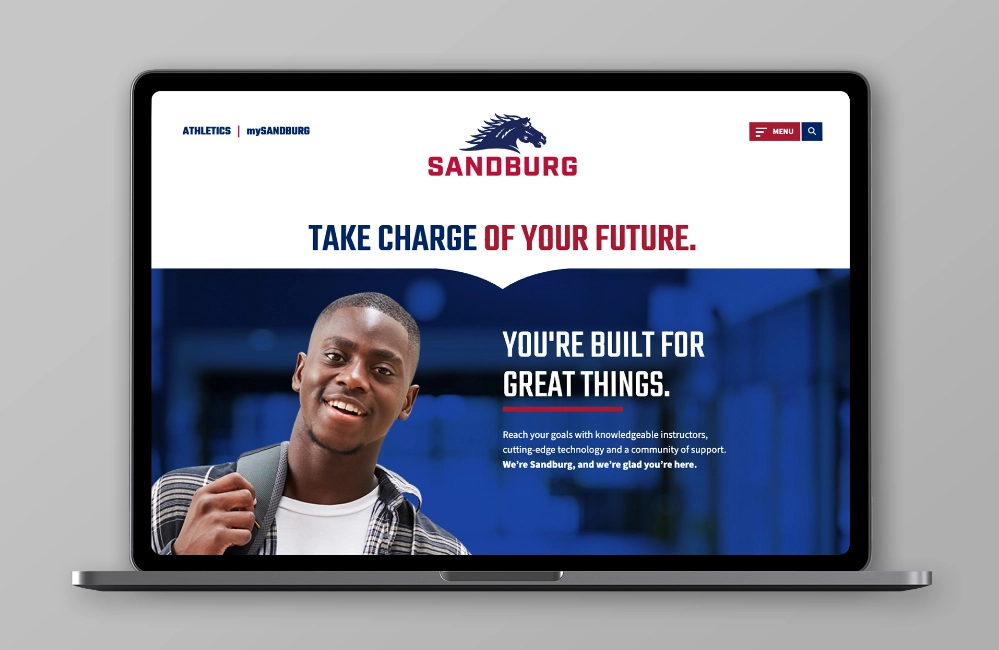 An image of a tablet device that has the Sandburg website loaded onto it.