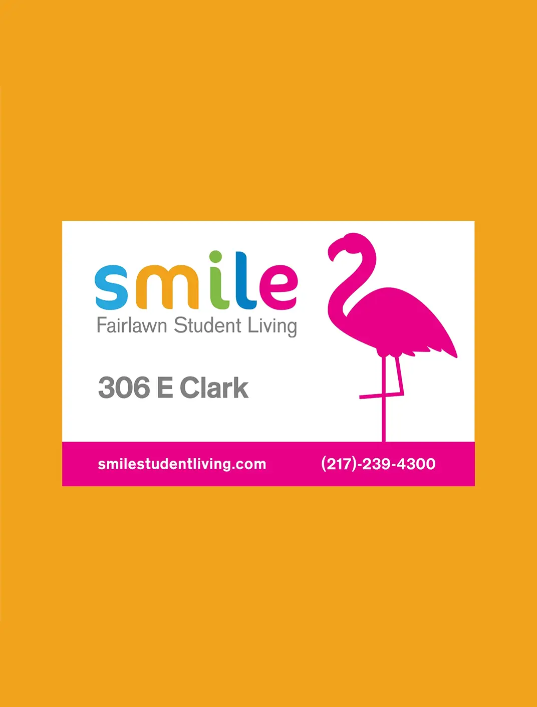 A business card with a flamingo and the word smile.
