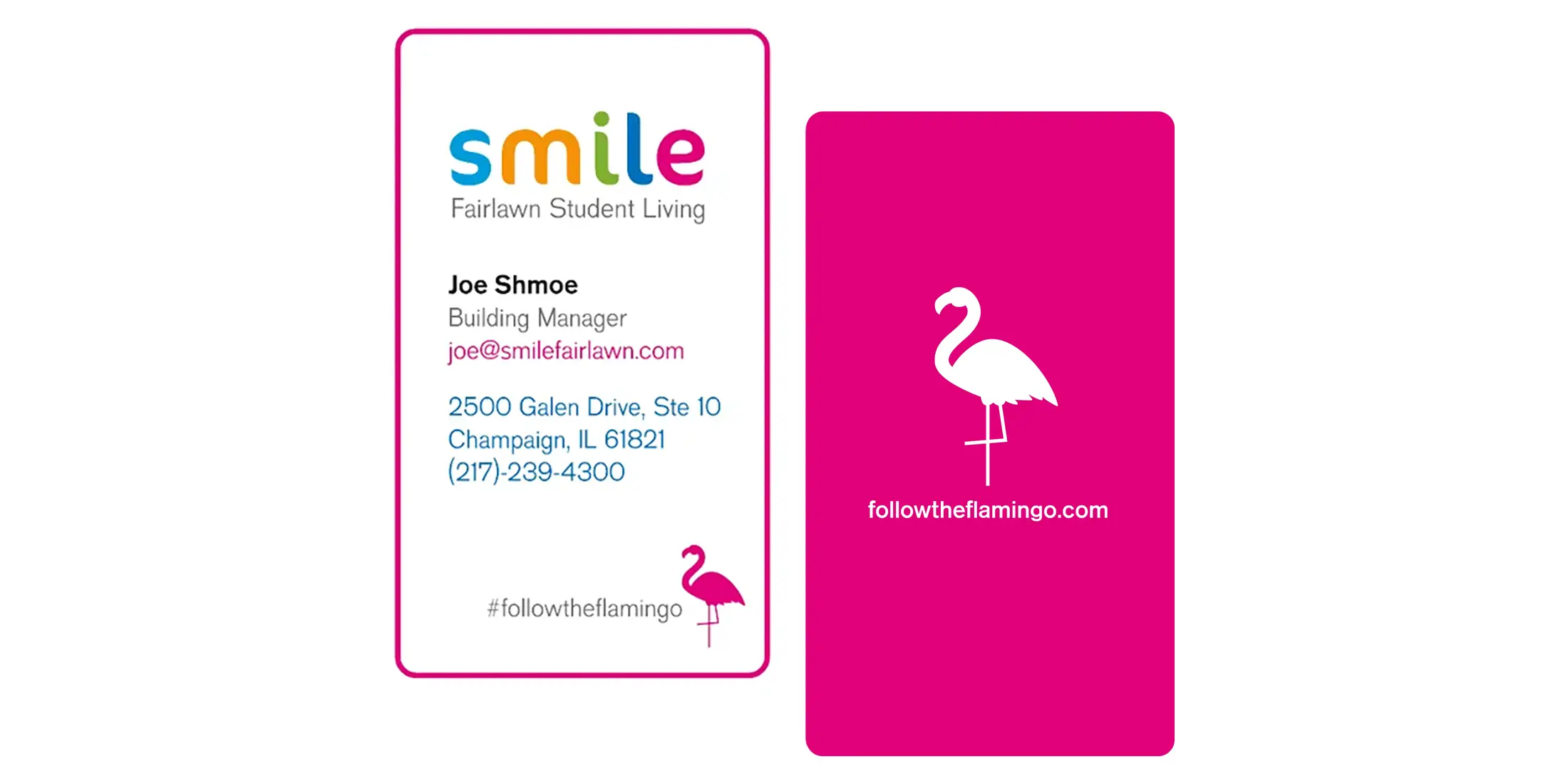 A business card with a flamingo on it.