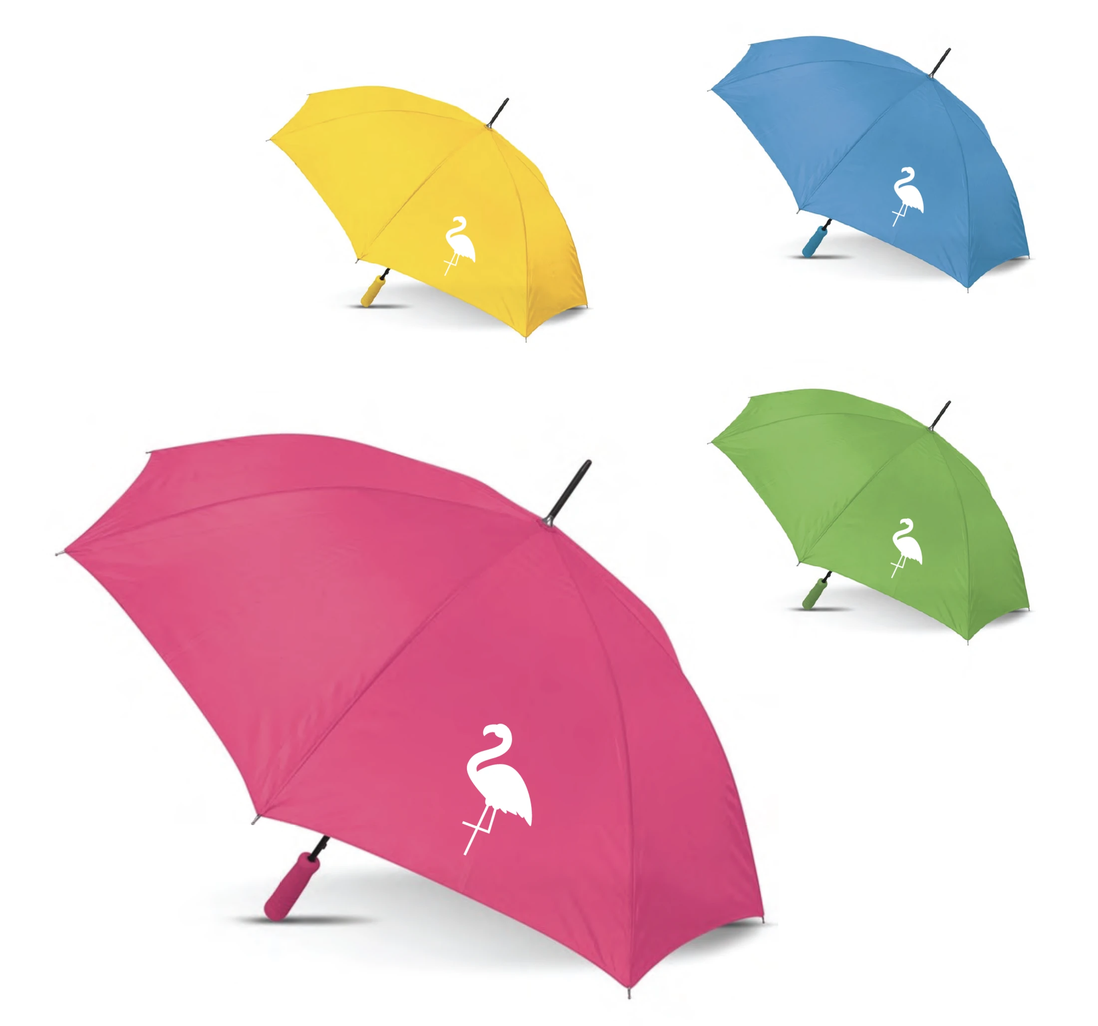 Four colorful umbrellas with flamingos on them.