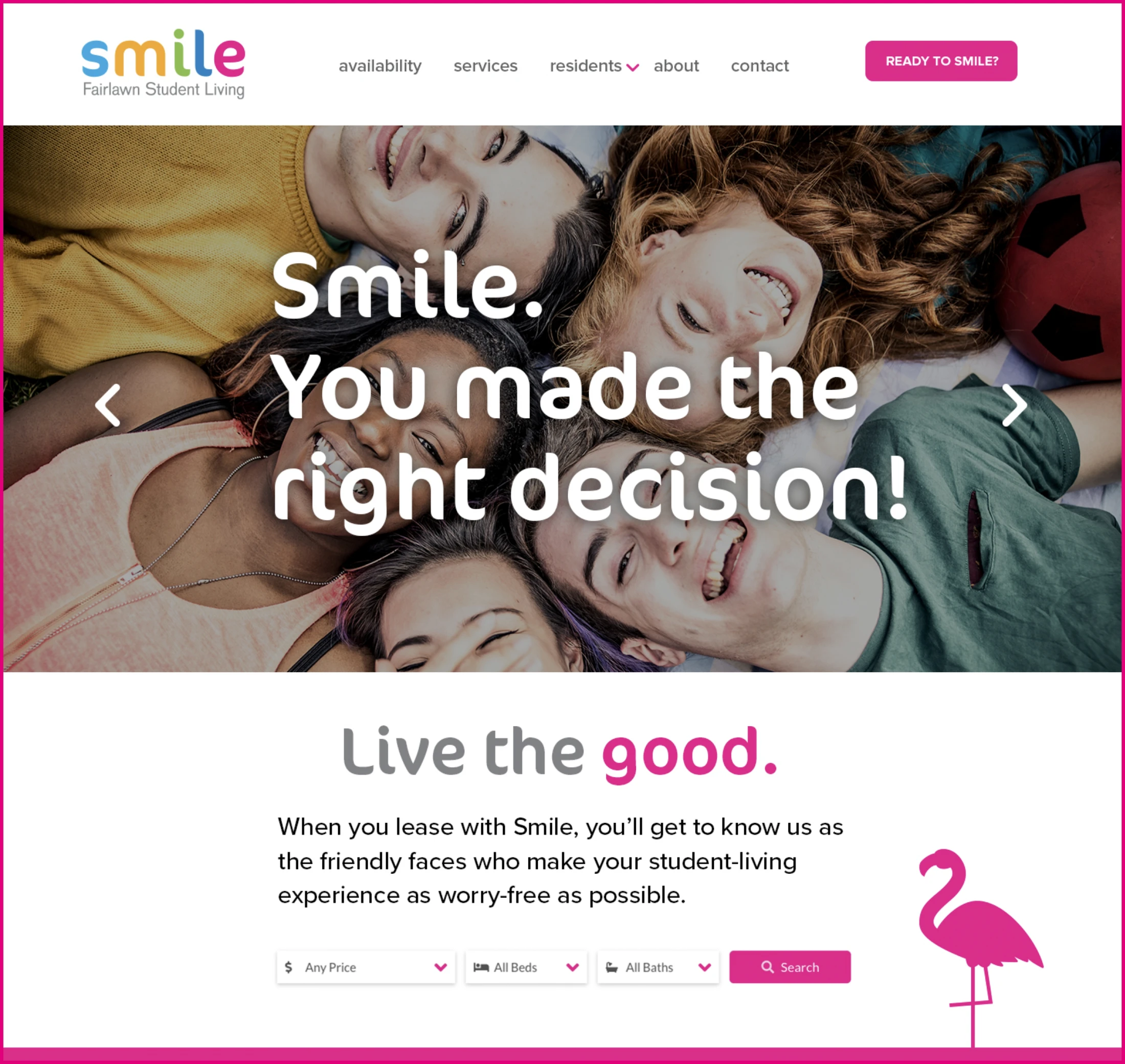 Smile is a pink and white website with flamingos.