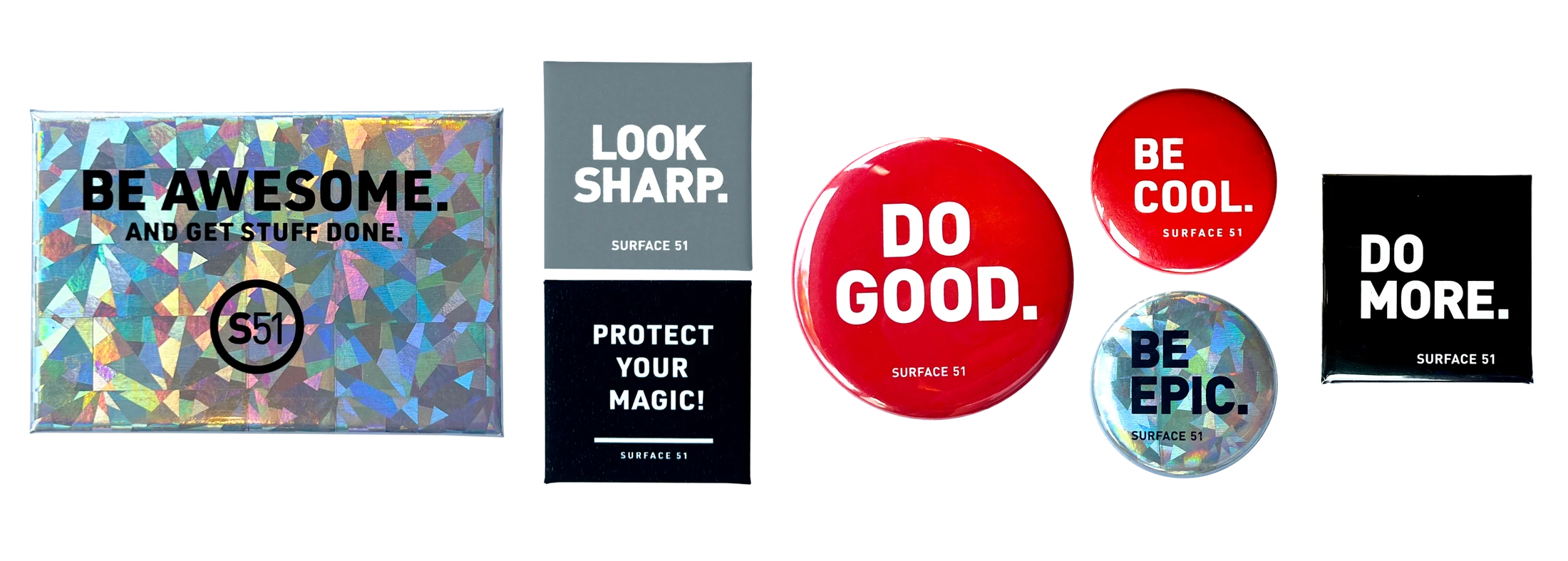 A set of buttons with the words be awesome, perfect your magic, and be awesome.