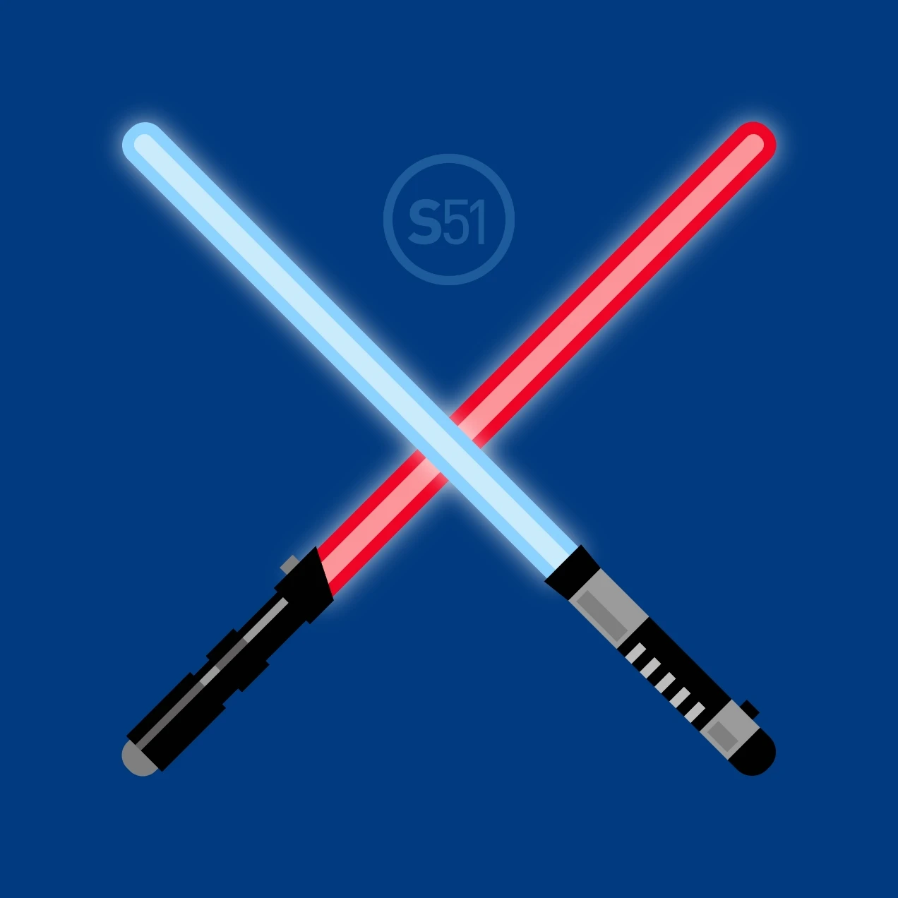 Two lightsabers on a blue background.