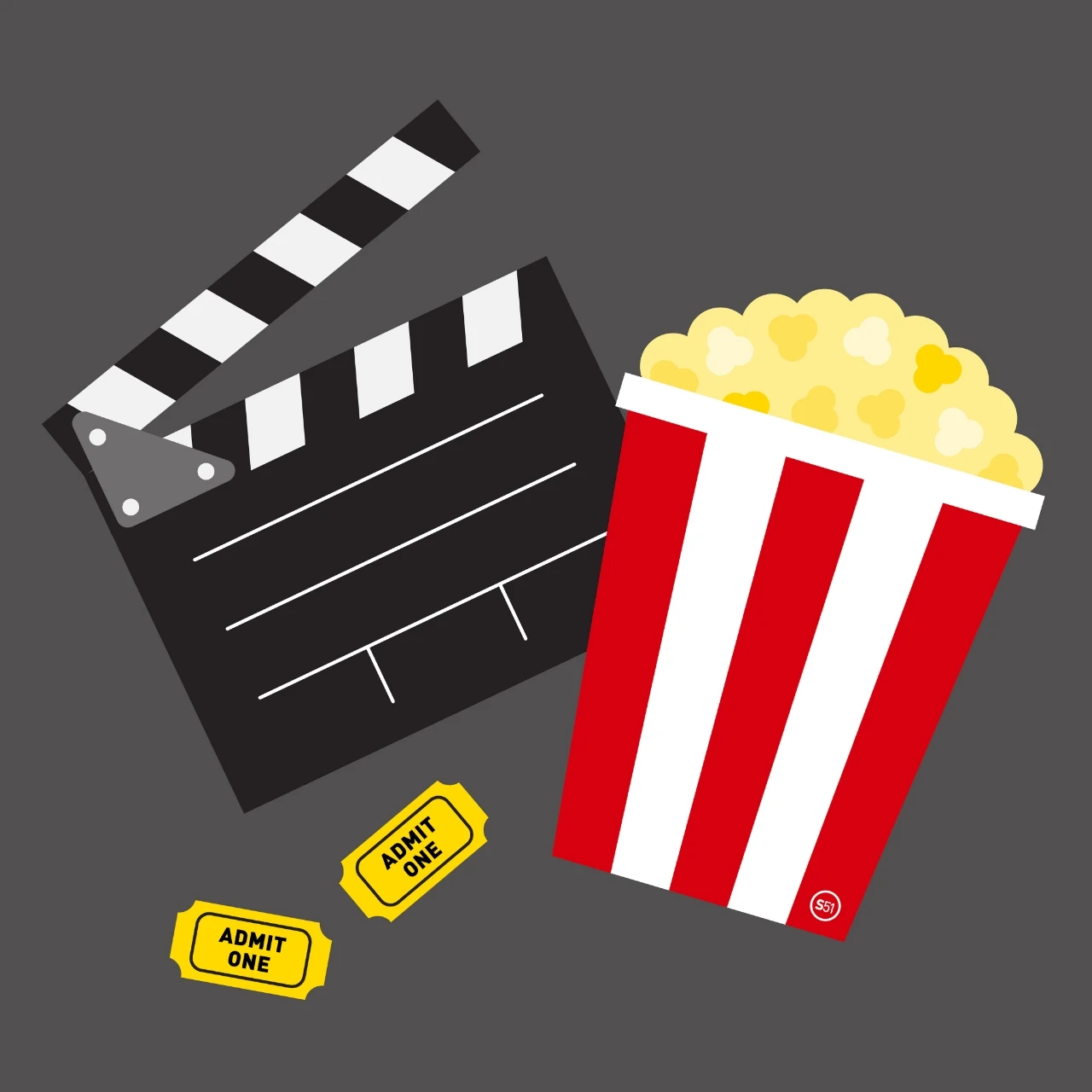 A movie clapper and popcorn on a grey background.