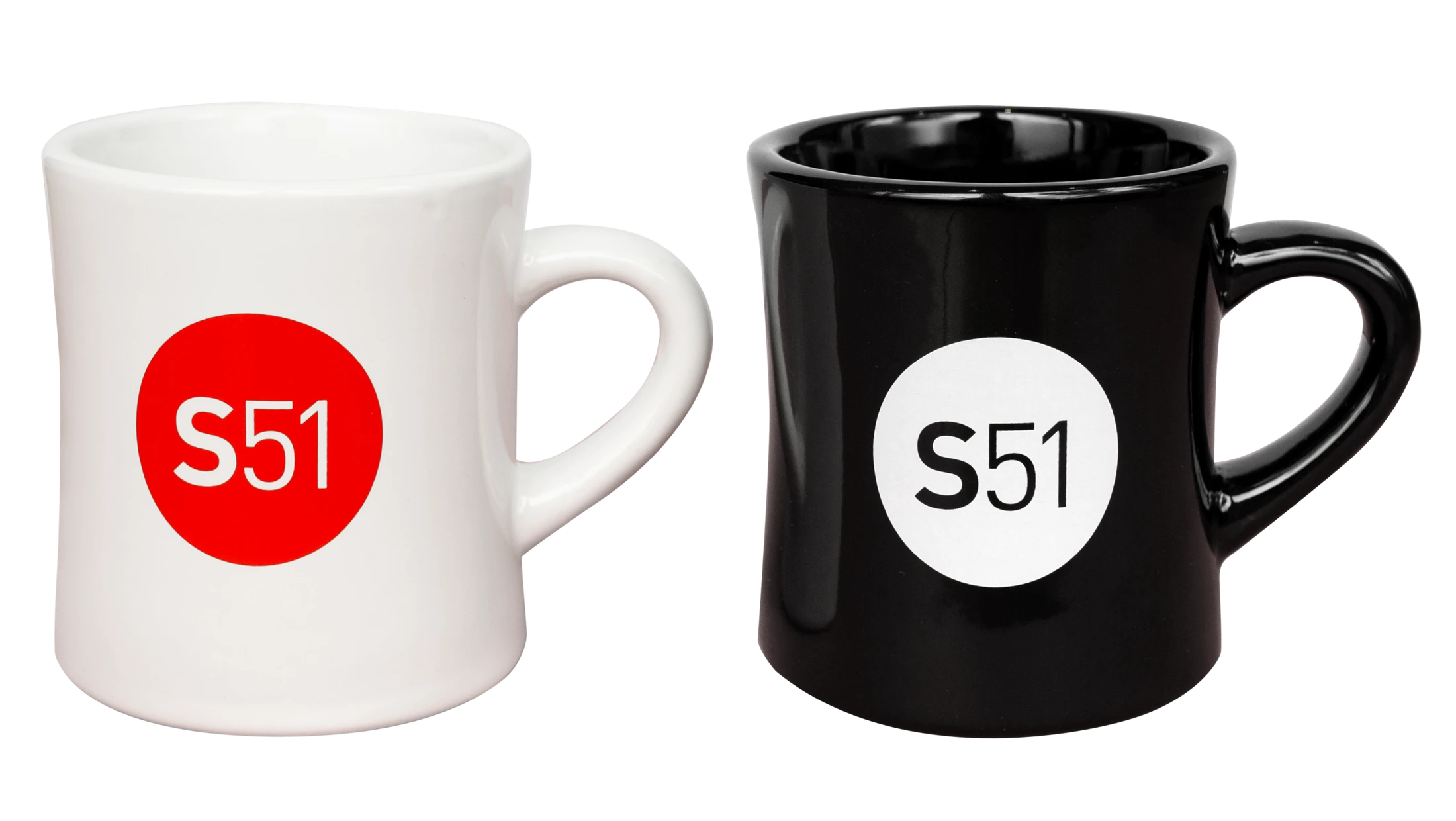 Two black and white mugs with the s51 logo on them.