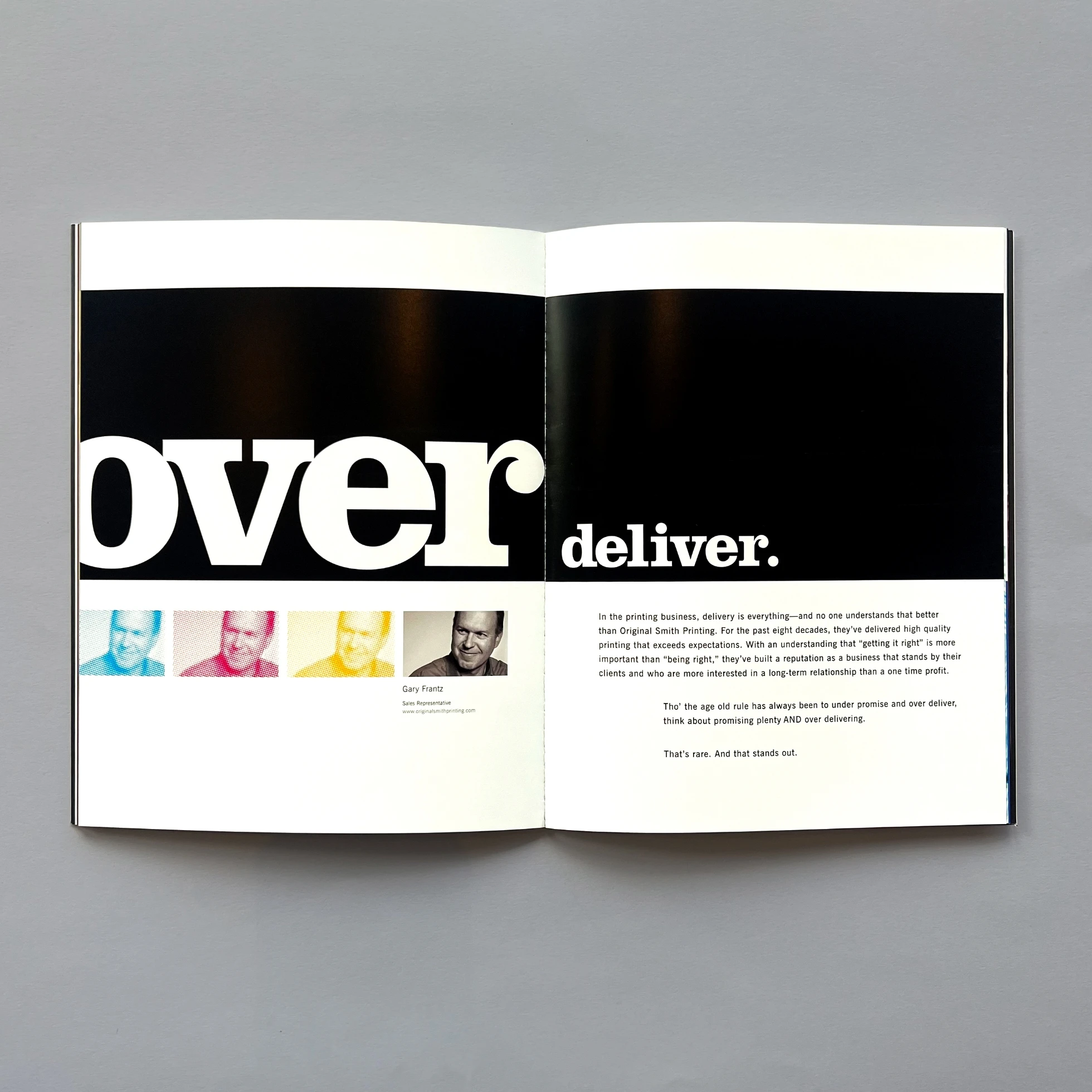 A black and white brochure with the words over deliver.