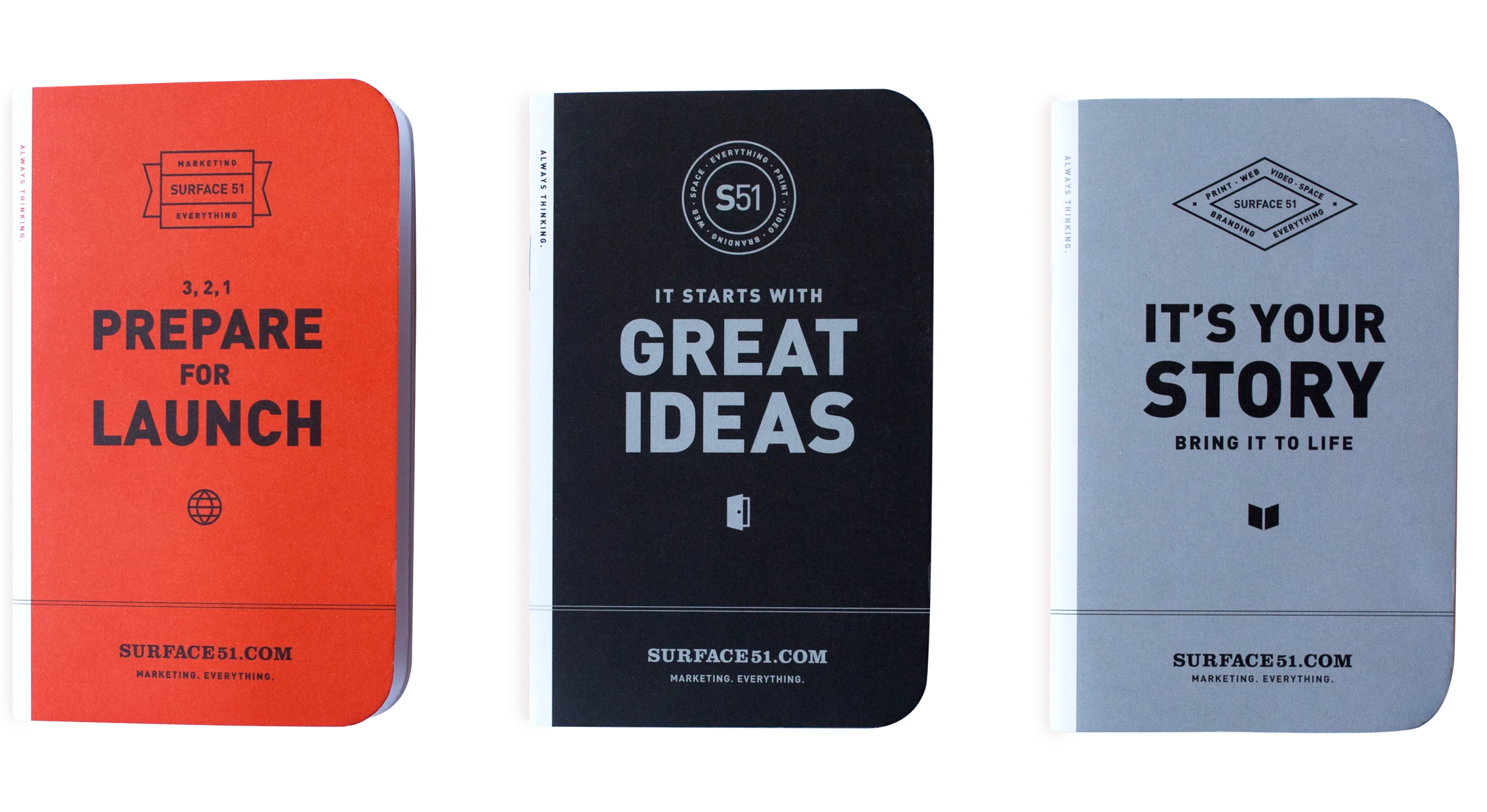 Three notebooks with the words'prepare great story ideas'.