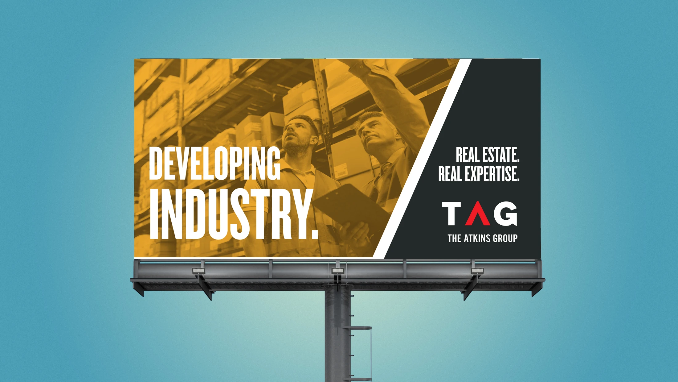 A billboard with the words developing a global industry.