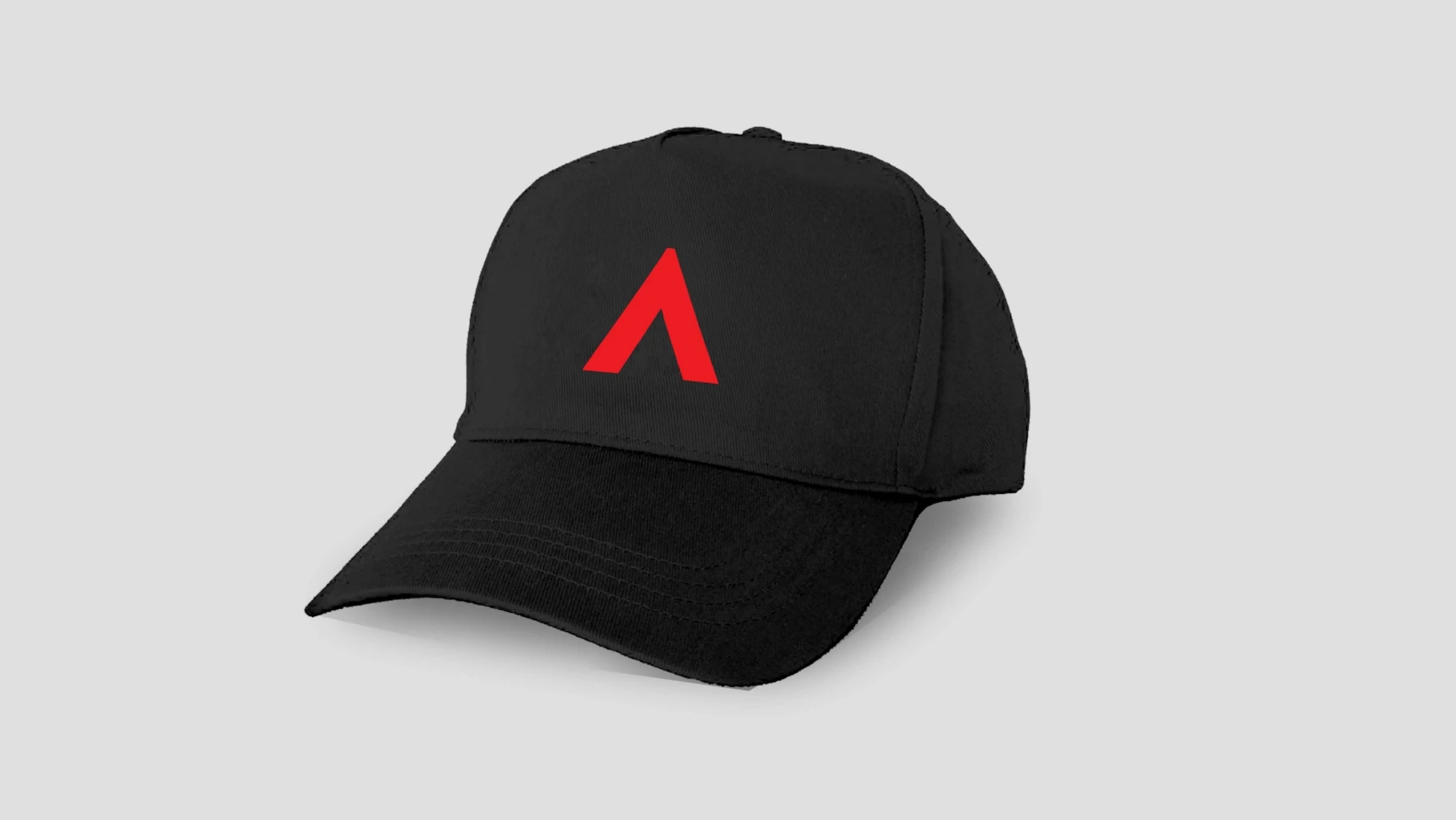A black baseball cap with a red letter a on it.