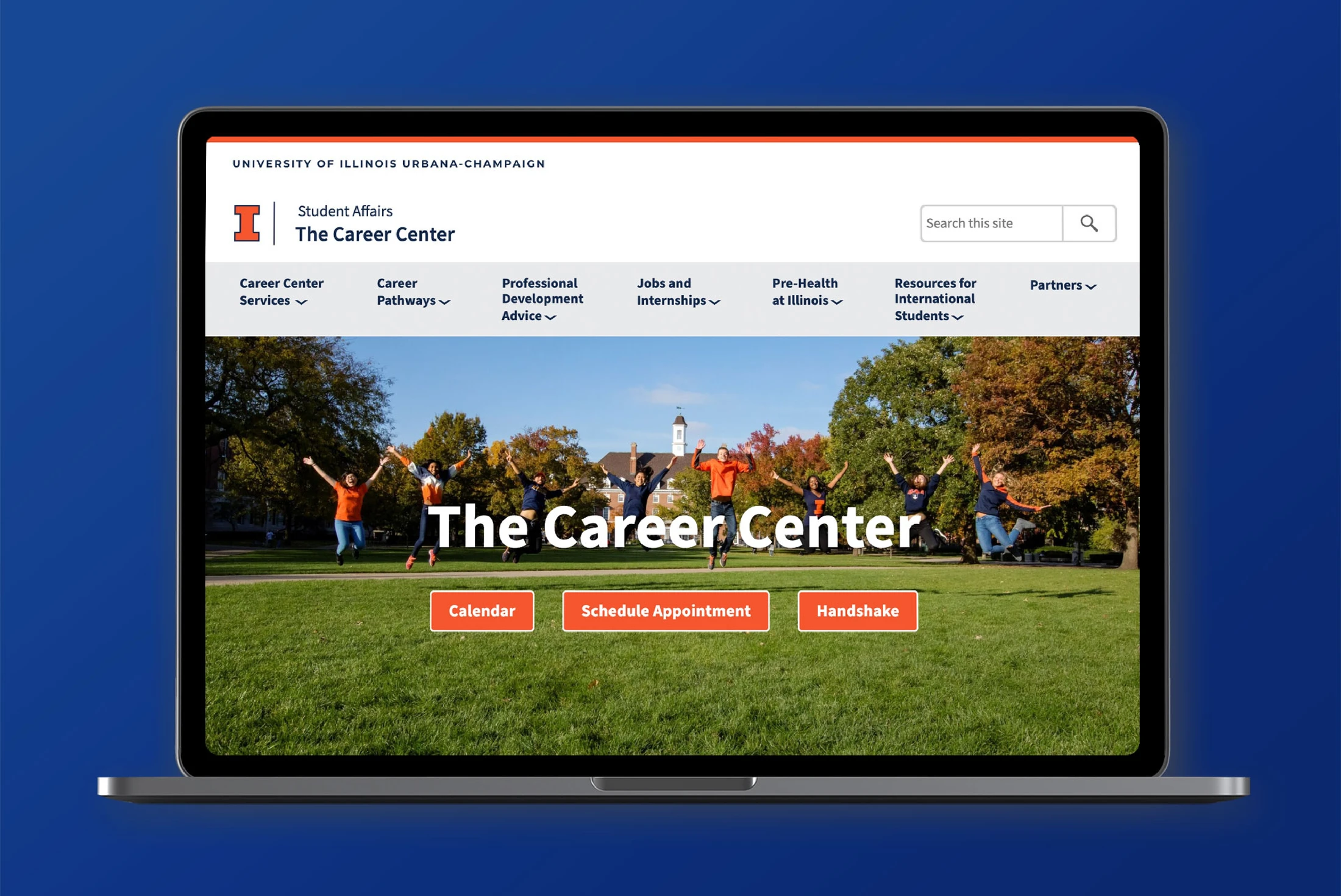 The career center website is displayed on a laptop.