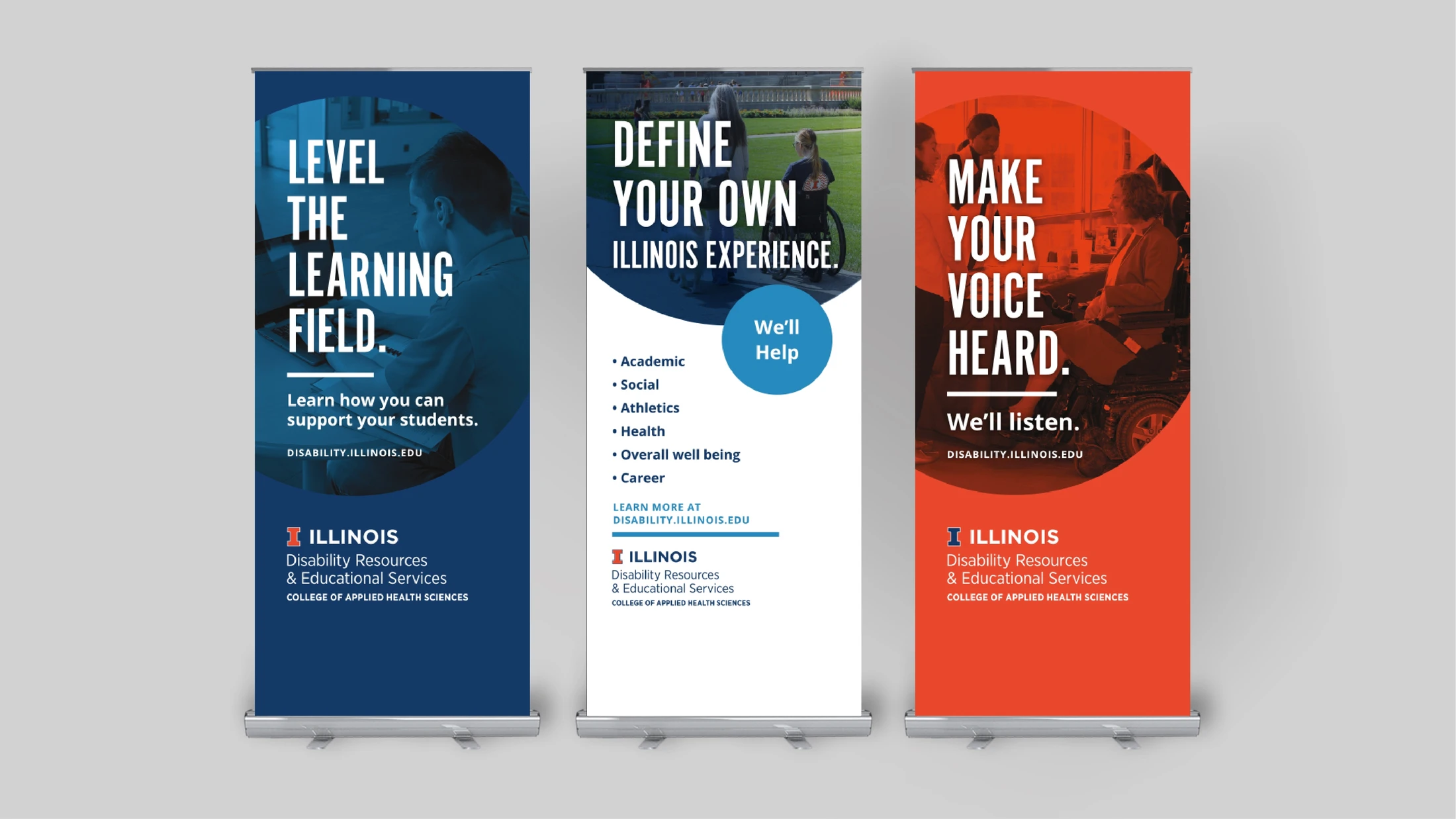 Three roll up banners with different designs.