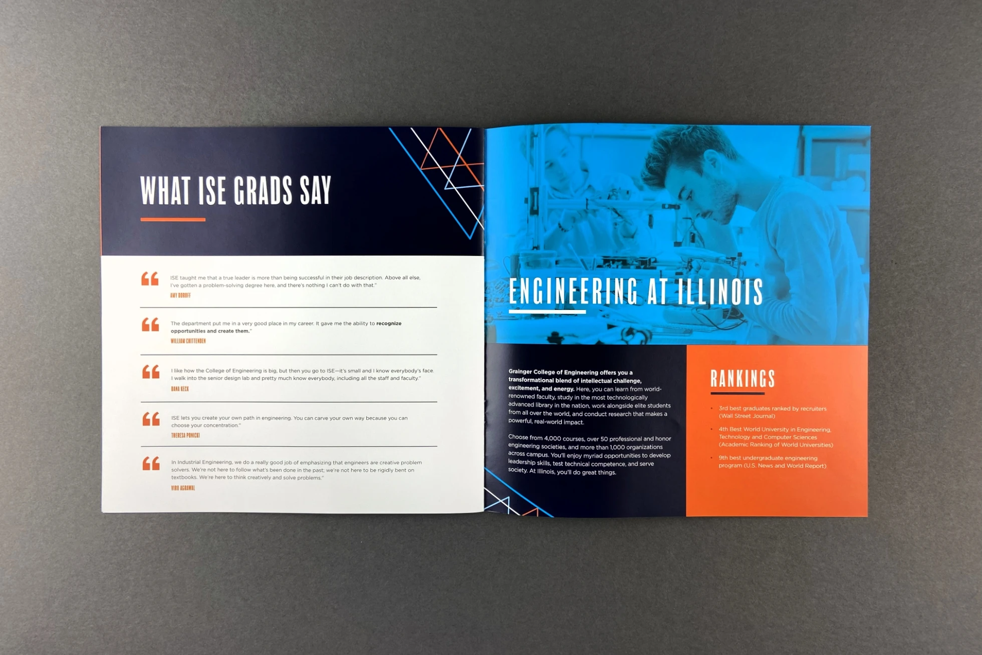 A brochure with an orange and blue design.
