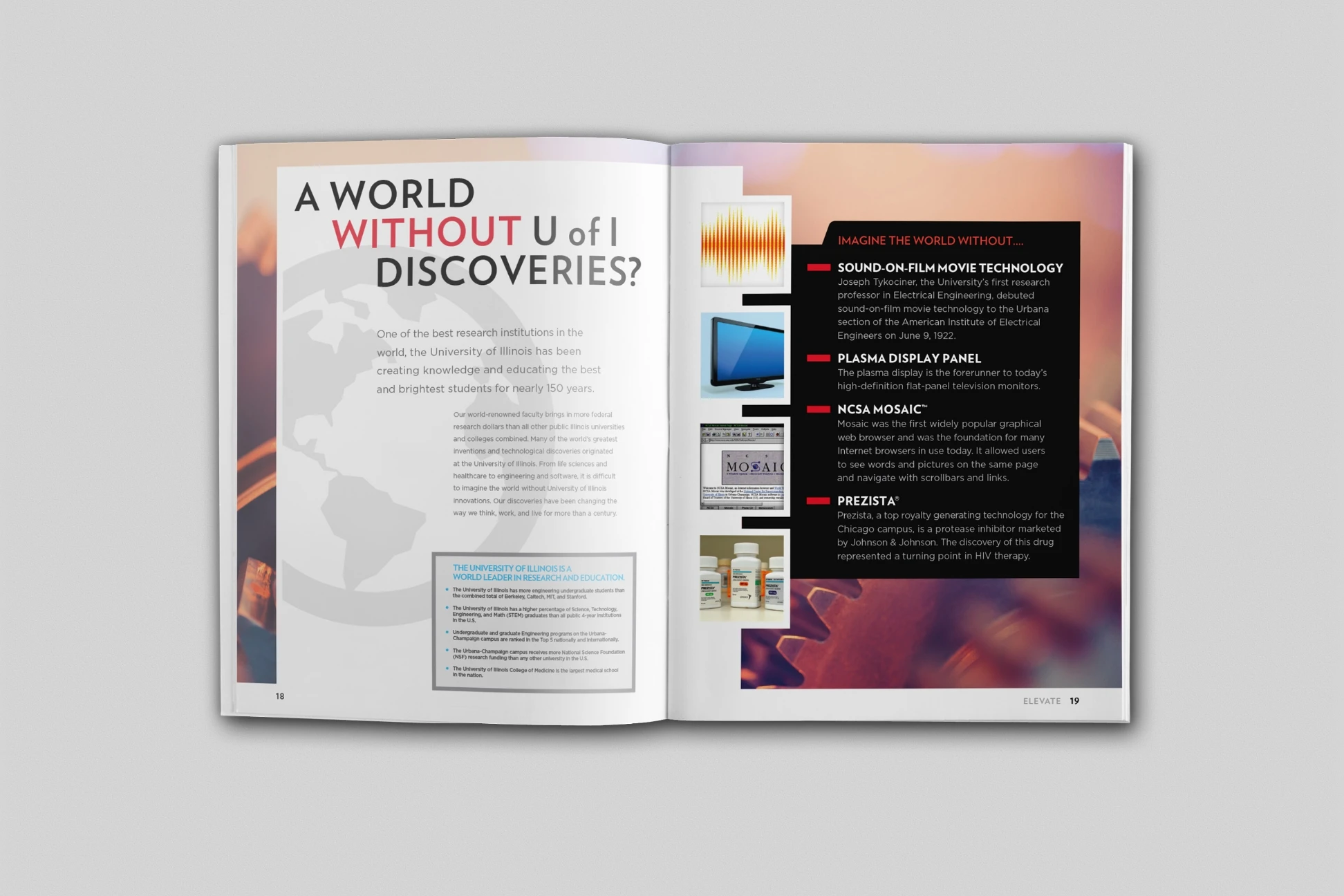 A magazine spread with an image of a world without discovery.