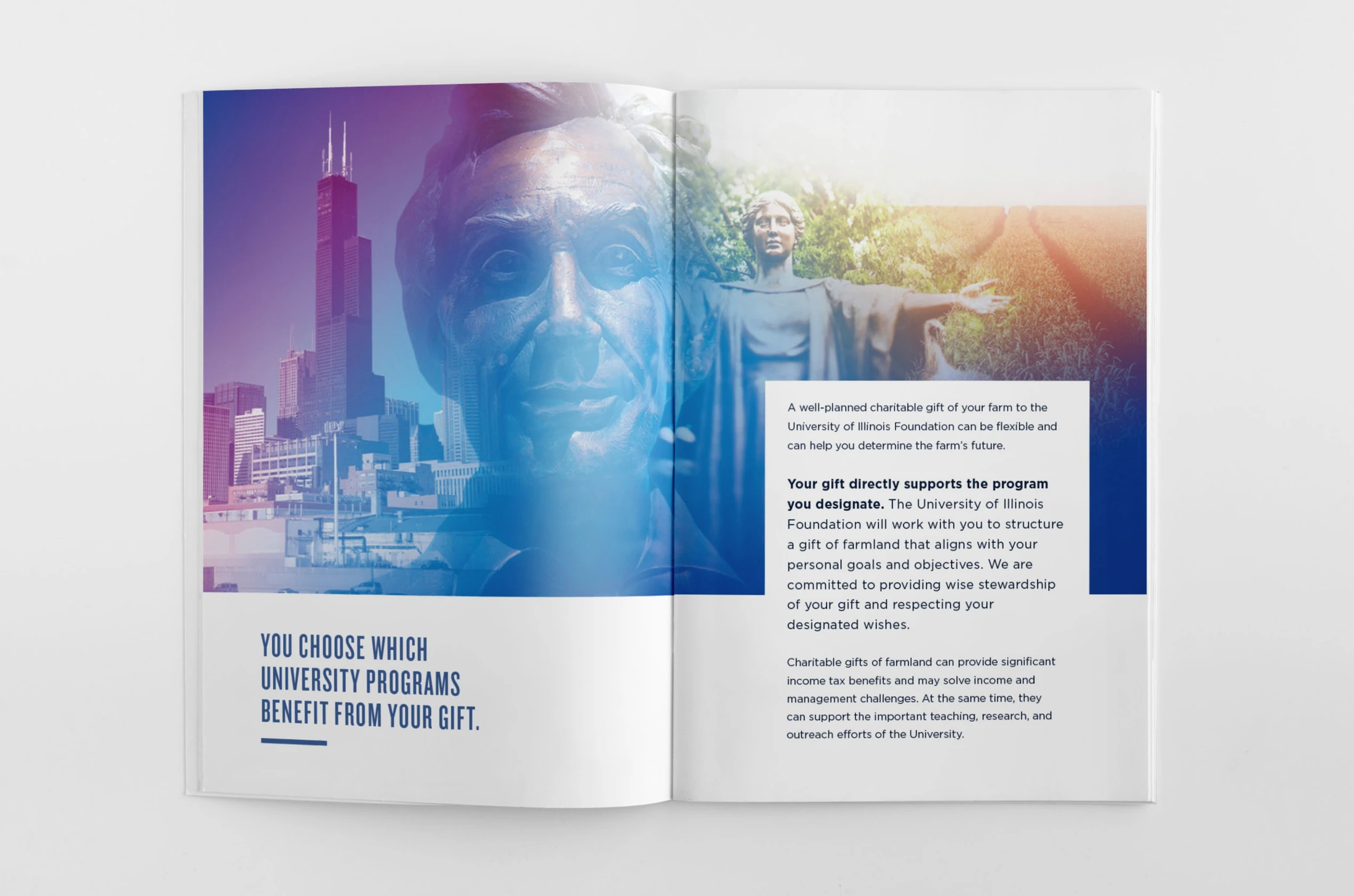 A brochure with a blue background and a picture of a city.