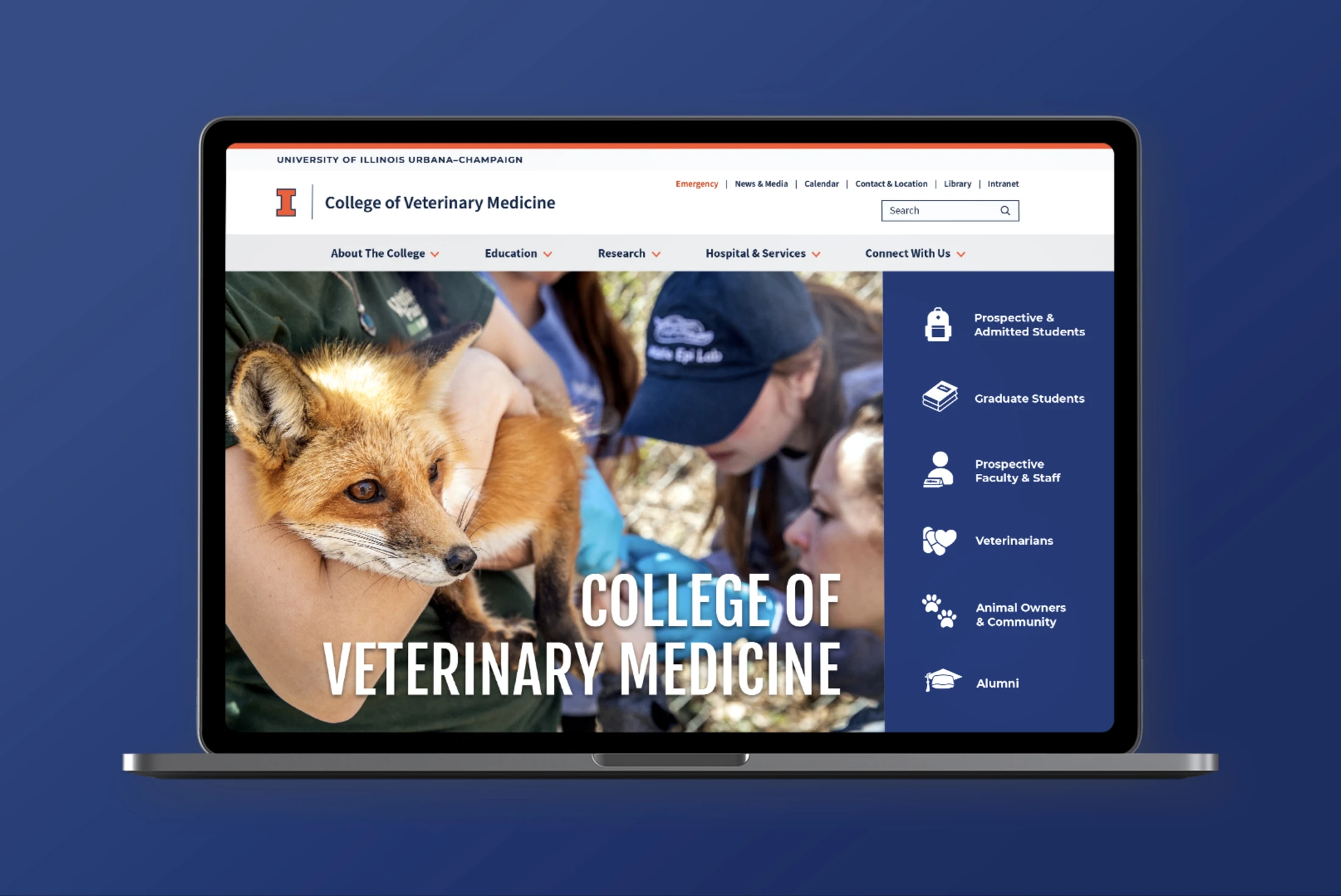 The college of veterinary medicine website is displayed on a laptop.